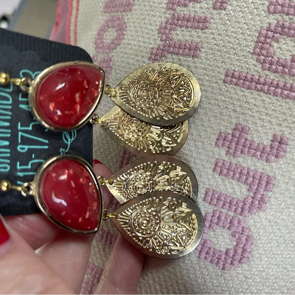 BoHo Gold and Orange Red Dangle Earrings - Picture 3 of 6